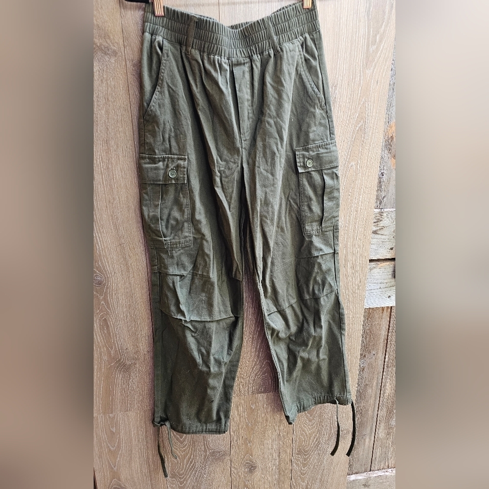 Olive GreenCargo Pants Ankle Ties Elastic Waist Cargo Wide Leg Baggy